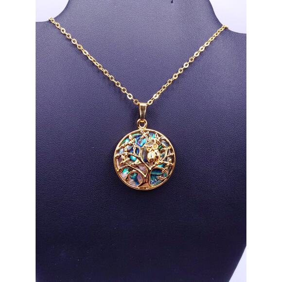Gold Tone Owl in Tree Abalone Pendant Necklace 18" Chain Fashion Jewelry New - Picture 2 of 3